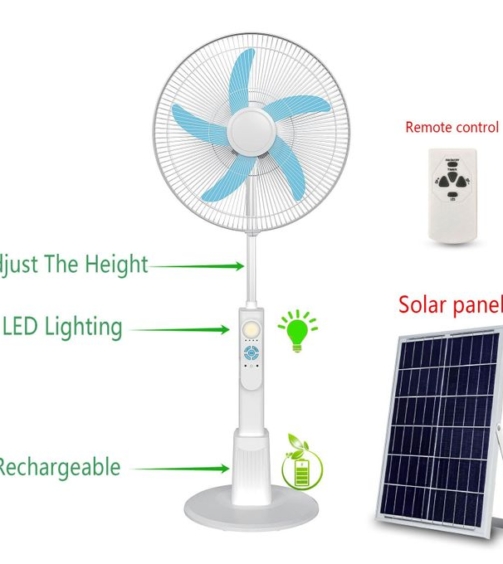 Standing Pedestal Fan 16 Inches Rechargeable Fan +Solar Panel + LED Light